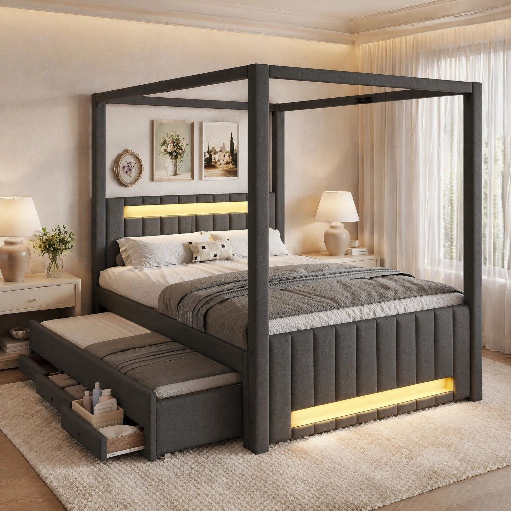 LETTO A BALDACCHINO 140x200 cm Grigio in lino e MDF con letto estraibile, cassetti e LED