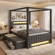 LETTO A BALDACCHINO 140x200 cm Grigio in lino e MDF con letto estraibile, cassetti e LED