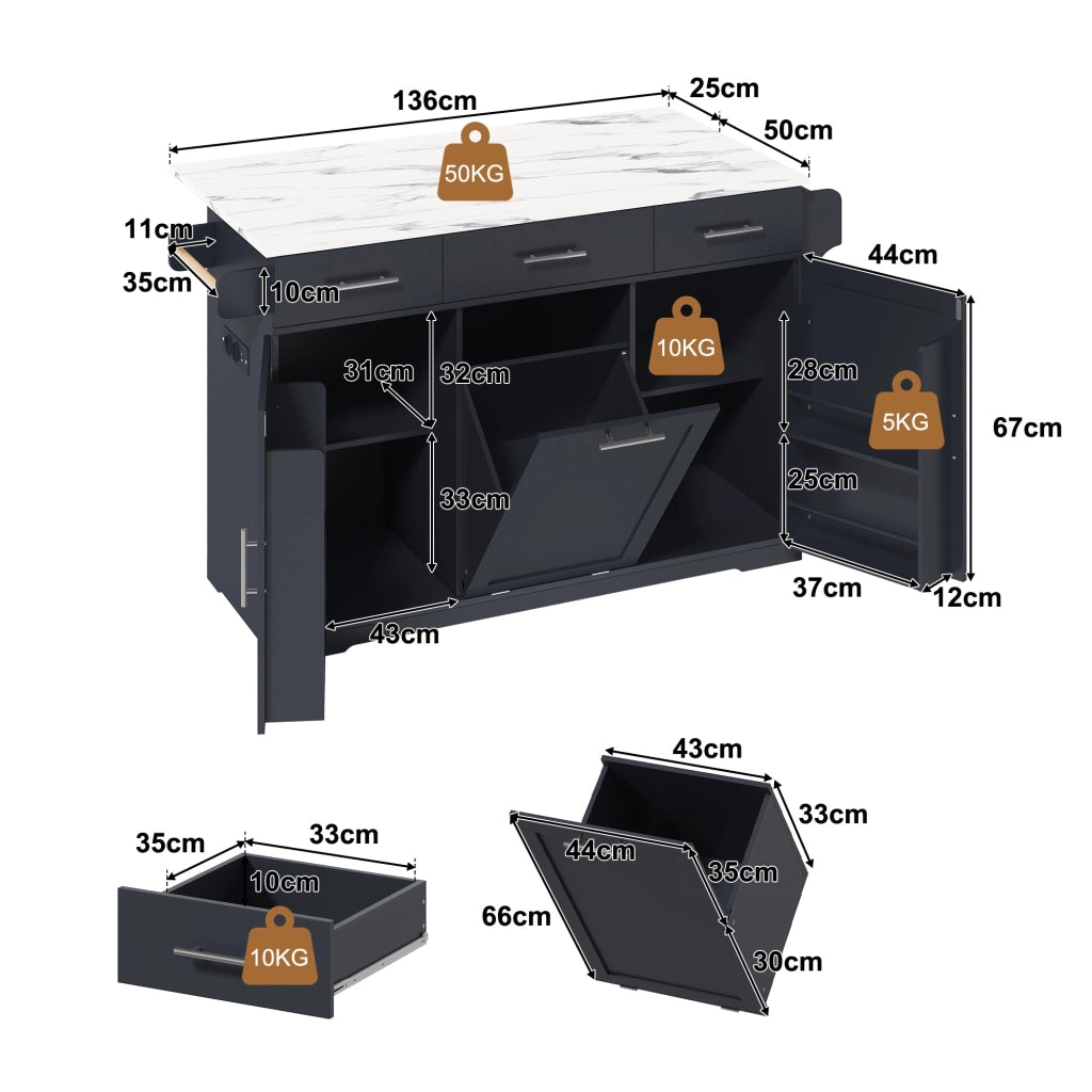 Carrello da cucina con 3 cassetti; 2 vani con anta; porta asciugamani e mobile rifiuti; per cucina