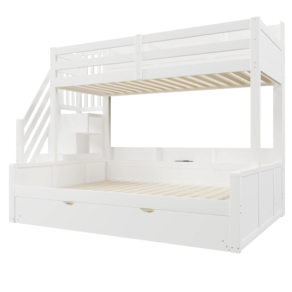 Letto a castello 90×200 cm e 140×200 cm 4 posti, estraibile 90×190 cm, USB e scale contenitore, senza materassi