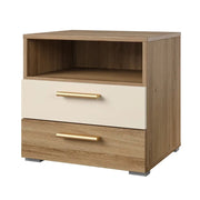 Tavolino da notte VERTIGO – 2 cassetti + 1 vano – Rovere selvaggio e beige sabbia – Maniglie dorate
