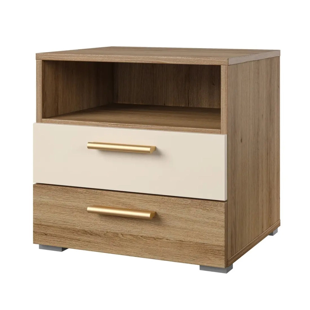 Tavolino da notte VERTIGO – 2 cassetti + 1 vano – Rovere selvaggio e beige sabbia – Maniglie dorate
