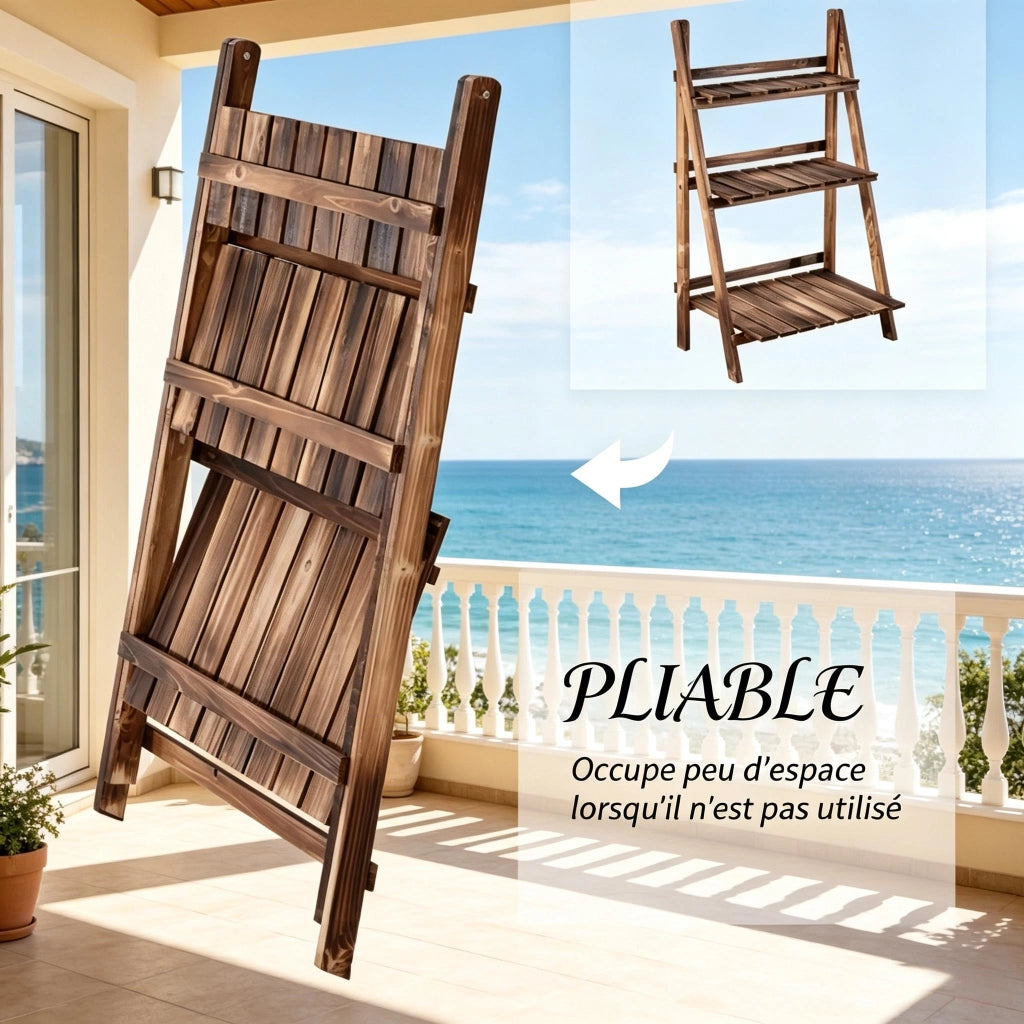 Scaffale pieghevole a piramide a 3 ripiani in legno di abete per piante e decorazioni marrone 60 × 37 × 93 cm