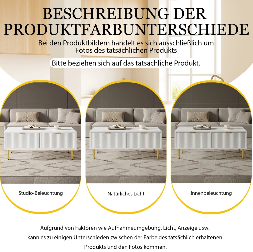 Tavolino da caffè bianco e oro con 2 cassetti; ripiano inferiore; MDF; 100x50x40 cm