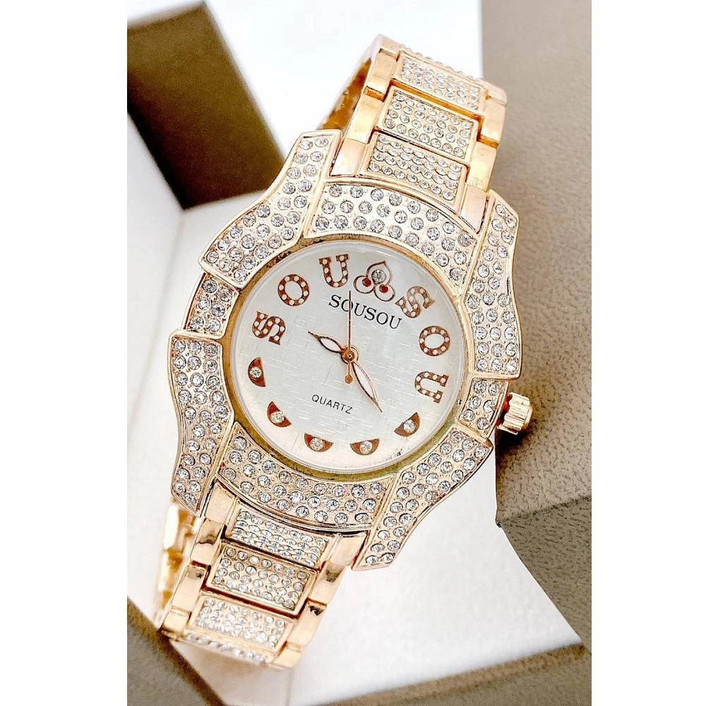 Trade Shop - Orologio Da Polso Sousou S6011 Quarzo Moda Brillantini Acciaio Rosa Fondo Silver -