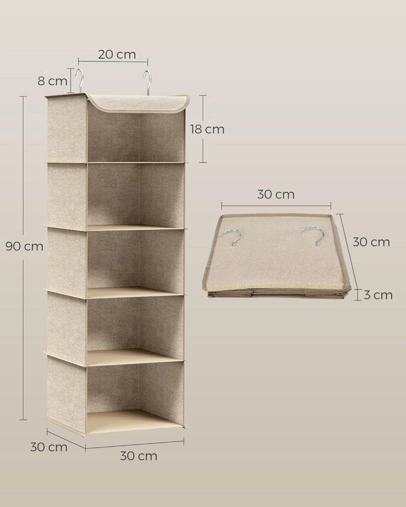 Set di 2 Portaoggetti da Appendere, Organizer Armadio da Appendere, Pieghevole e Salvaspazio, con Ganci in Metallo e Divisori Interni in Bambù, Stampa in Simil Lino, Beige Sabbia RCH005Y02