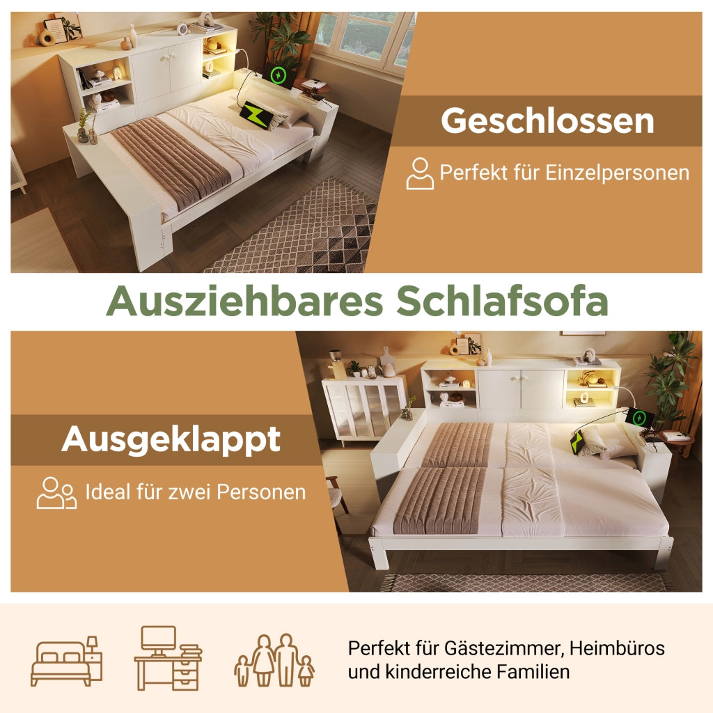 Letto a Divanetto 90 x 200 cm; Letto Singolo - Estraibile; USB e Type-C - Bianco