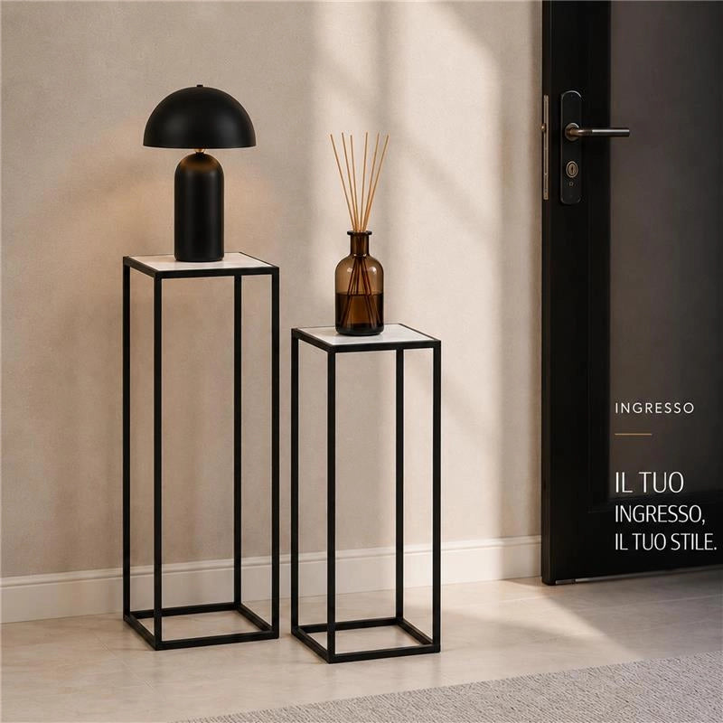 2 COLONNINE IN METALLO MISURE 23X60CM E 27X70CM CON TOP IN MDF SIMIL MARMO