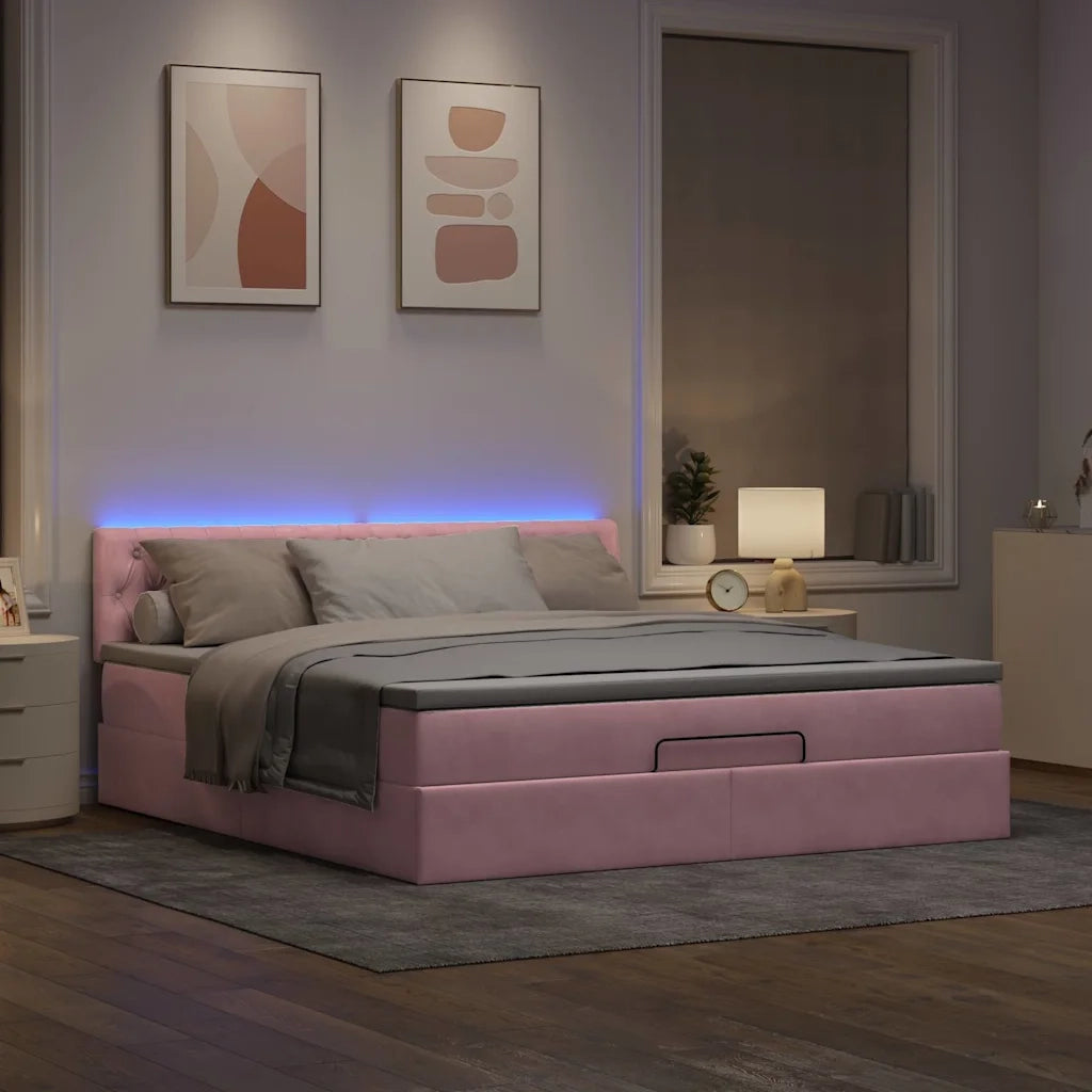 Pouf Letto con Materasso e LED Rosa 180x200cm in Velluto