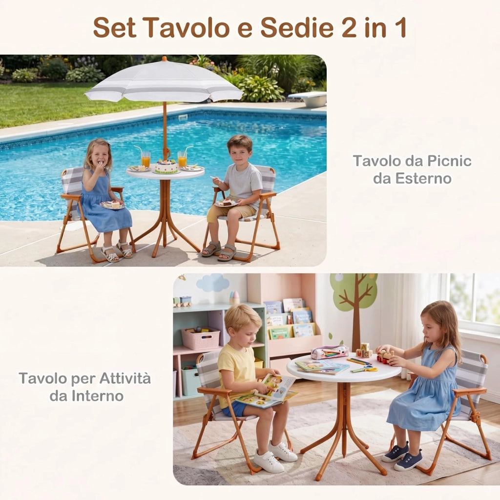 Set Tavolo e Sedie da Giardino per Bambini con Ombrellone (Naturale)