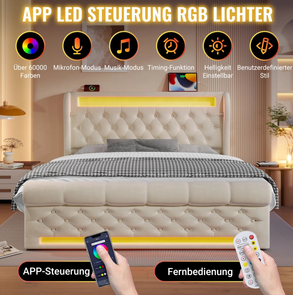 Letto matrimoniale 140x190 cm con LED, USB-C e vano contenitore