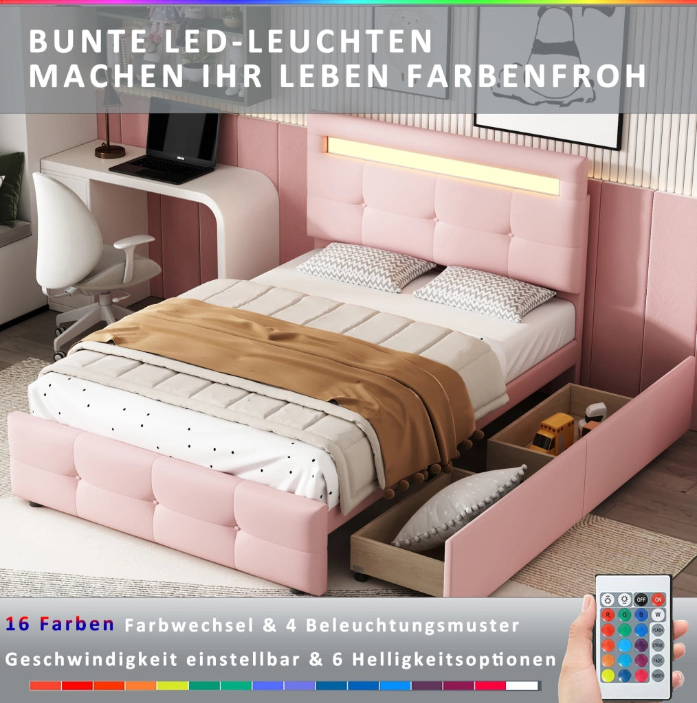 Letto singolo imbottito 90x200 cm con LED e 2 cassetti rosa