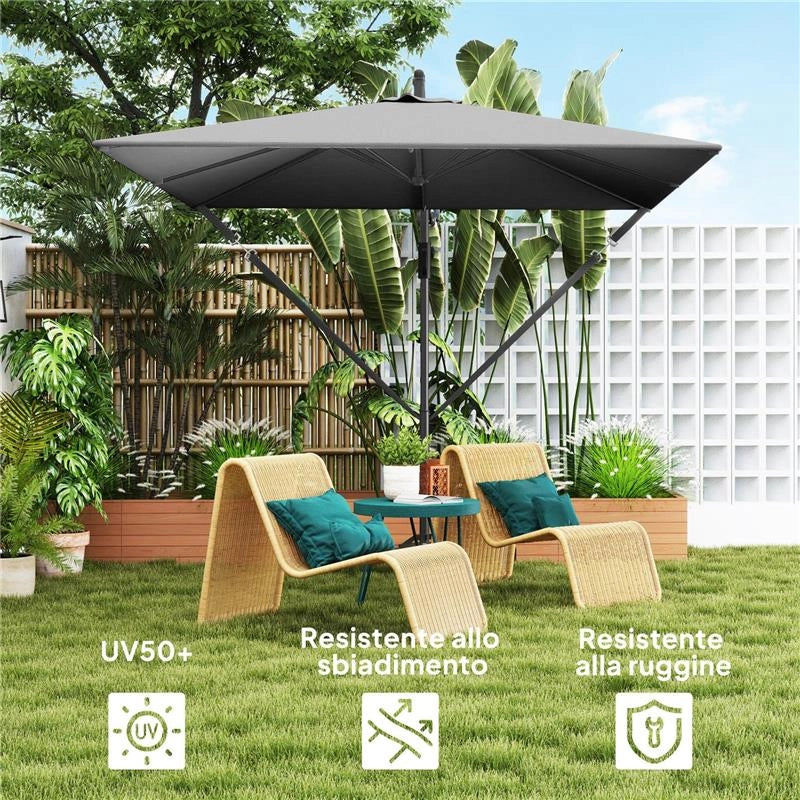 OMBRELLONE DA GIARDINO A SBALZO 3X2.5 M CON MANOVELLA INCLINABILE E GIREVOLE CON COPERTURA GRIGIO