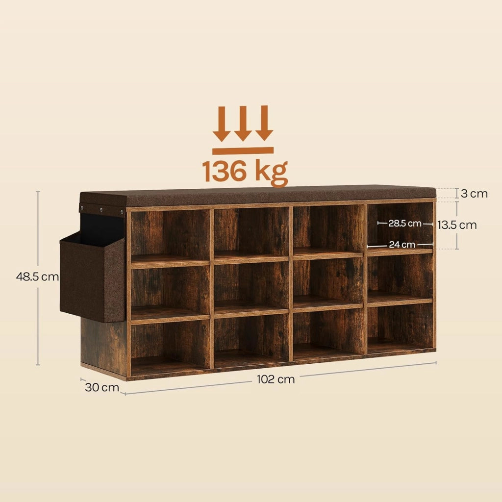 Panca Scarpiera da Ingresso, Scaffale Porta Scarpe a 12 Scomparti con Seduta Imbottita, Mobile da Ingresso Salvaspazio in Legno, Marrone Rustico+Marrone, 102x30x48,5 cm