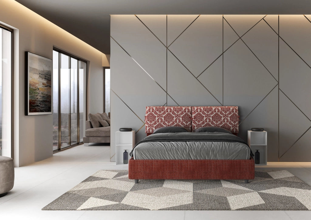 Letto Matrimoniale 160x190 cm con Rete e Contenitore con Testata e Alzata Comoda Imbottito in Tessuto Agata Mados