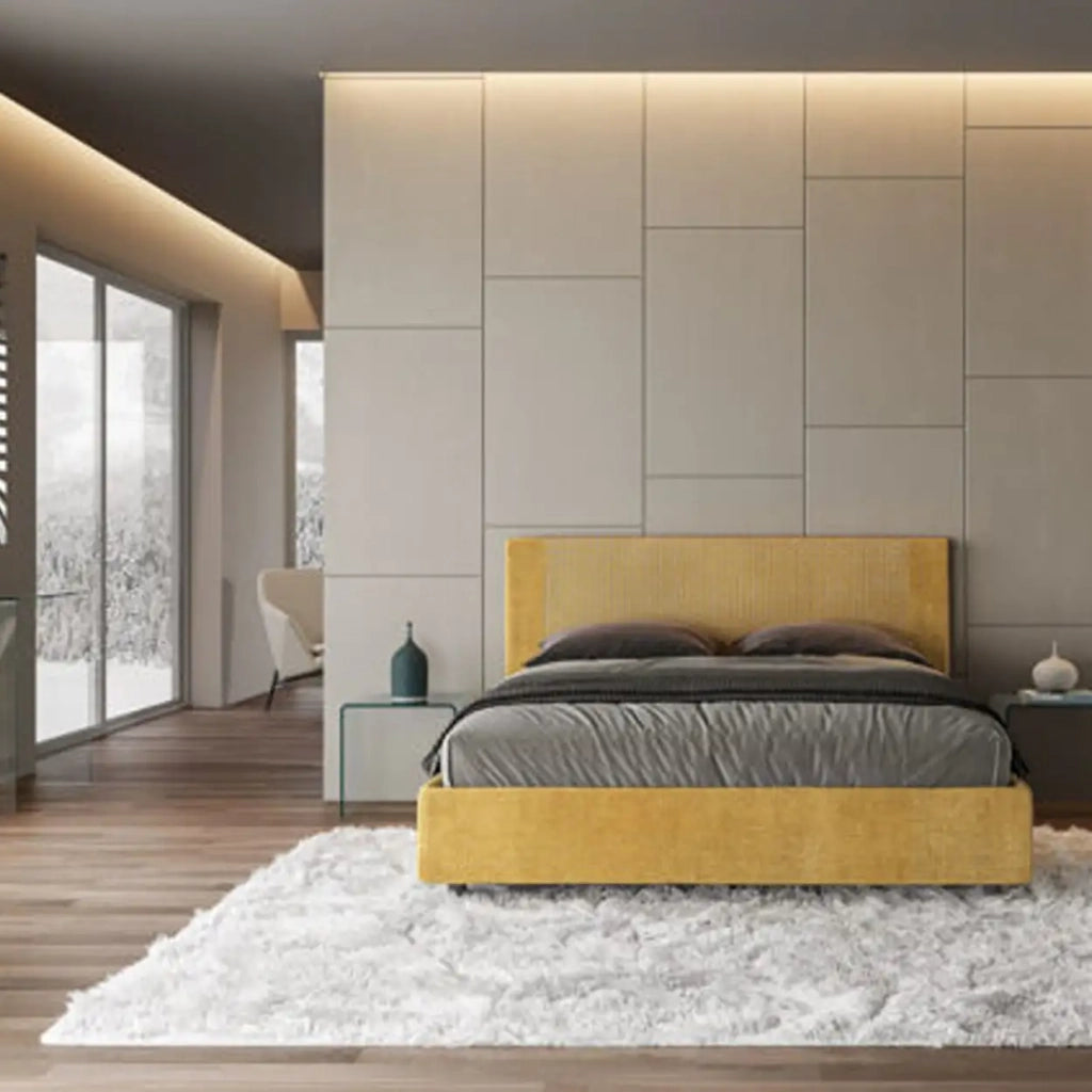 Letto matrimoniale contenitore imbottito 160x190 tessuto Labirinto 6 giallo Rosal