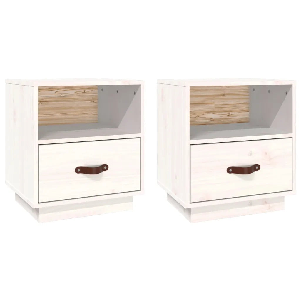 Set di 2 Comodini | Armadio da Notte | Mobiletto da notte Bianco 40x34x45 cm in Legno Massello di Pino