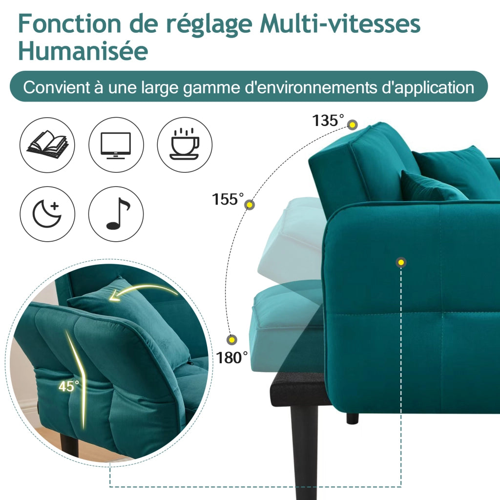 Divano Letto 2 Posti ¨C MINIMAL ¨C Velluto, Braccioli Ribaltabili, Funzione Letto