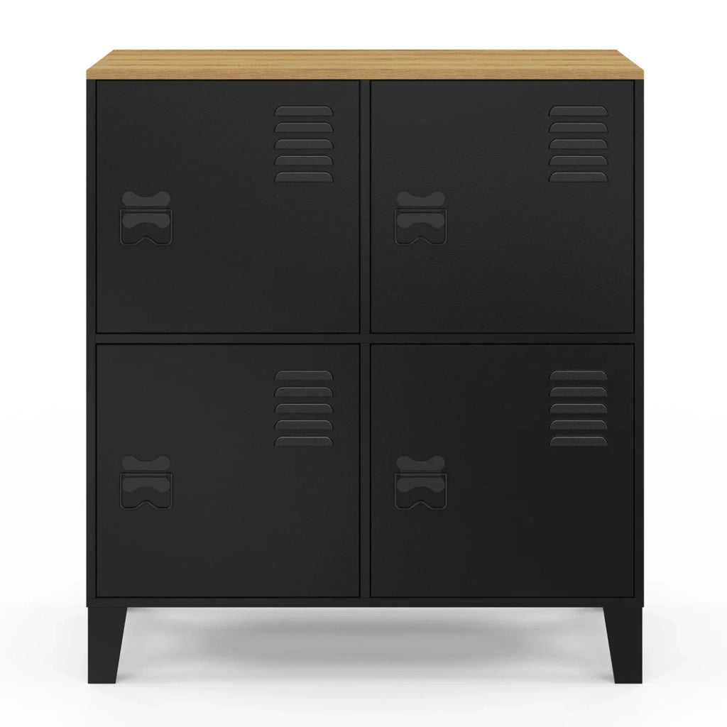 IDMarket - ESTER Credenza a 4 ante in metallo nero con piano in legno dal design industriale, altezza 70 cm