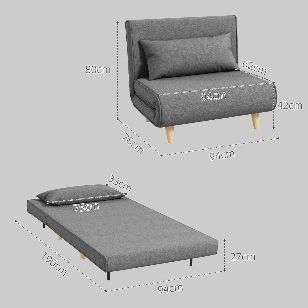 Divano letto singolo convertibile con schienale regolabile e cuscino, per relax, in lino grigio, 94 × 78 × 80 cm