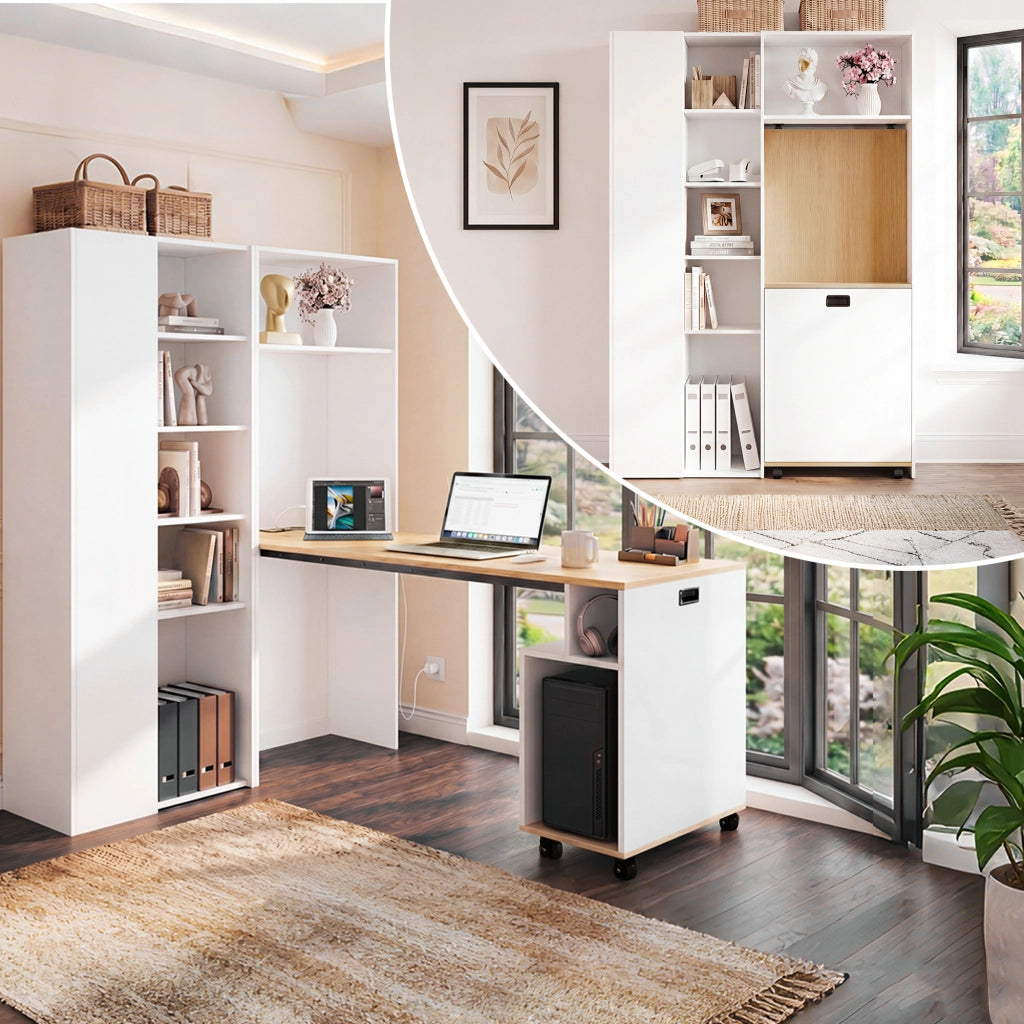 Scrivania pieghevole 2 in 1 con libreria, presa EU e USB, bianco, MDF, 104,5 × 30,5 × 160 cm