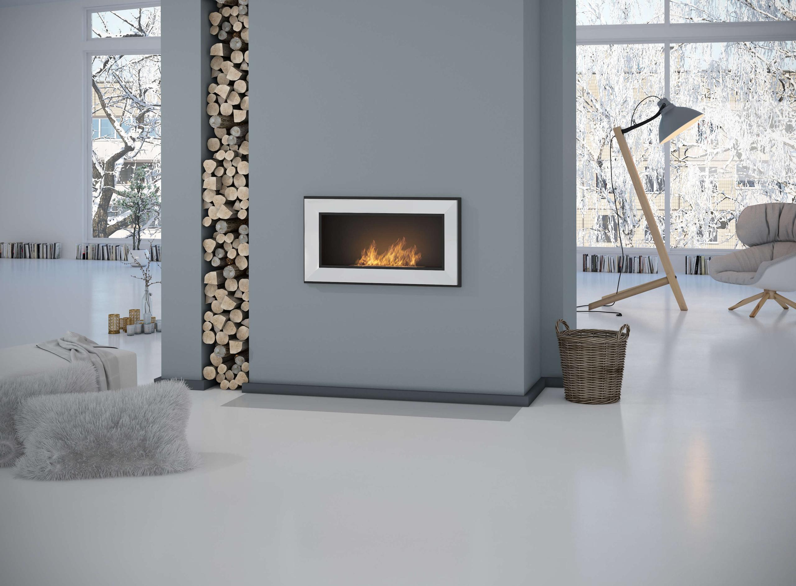 Camino a Bioetanolo da Parete/Incasso 90x49 cm Frame 900 Bianco con Vetro