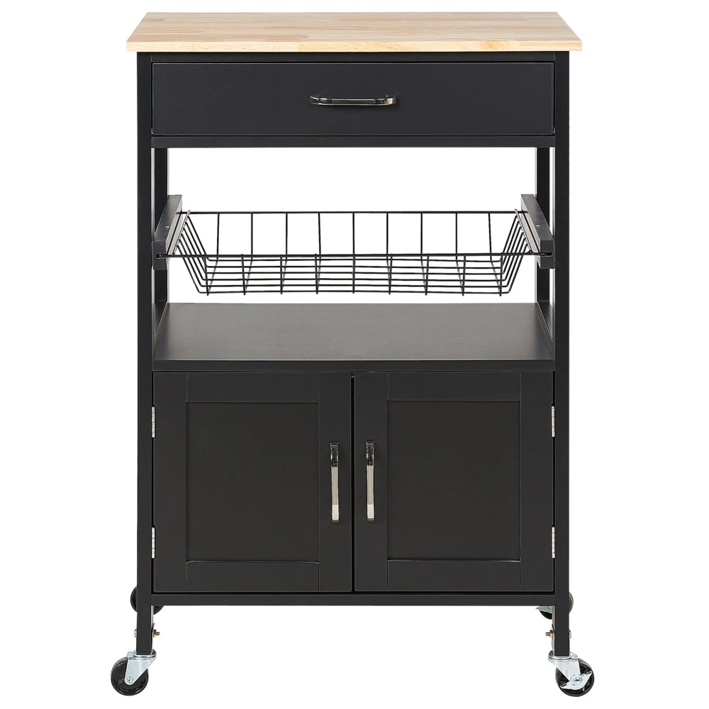 Carrello da cucina nero e legno chiaro con cassetto e armadietto