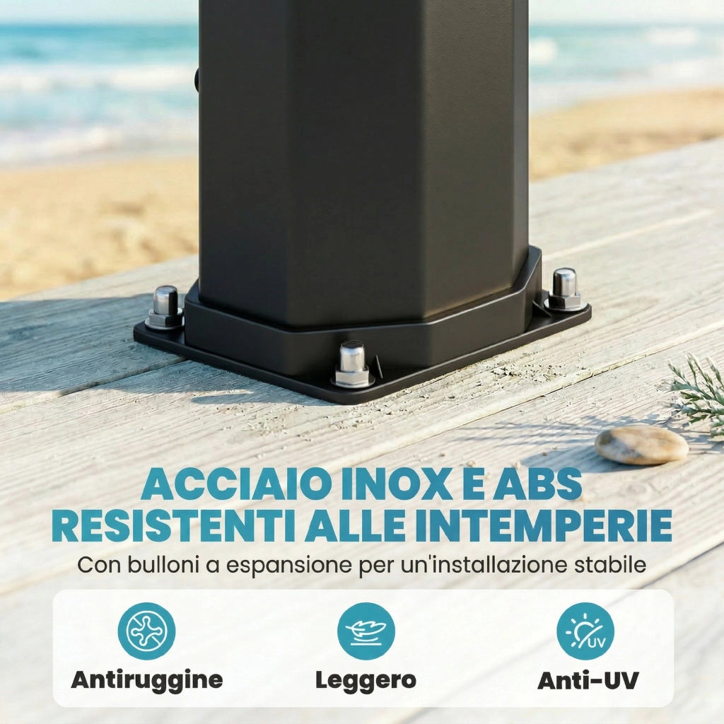 Doccia Solare 60L Doccia da Giardino da Esterno 21,8x18,2x227 cm con 2 Soffioni Riscaldata in ABS e Acciaio Inox Nero