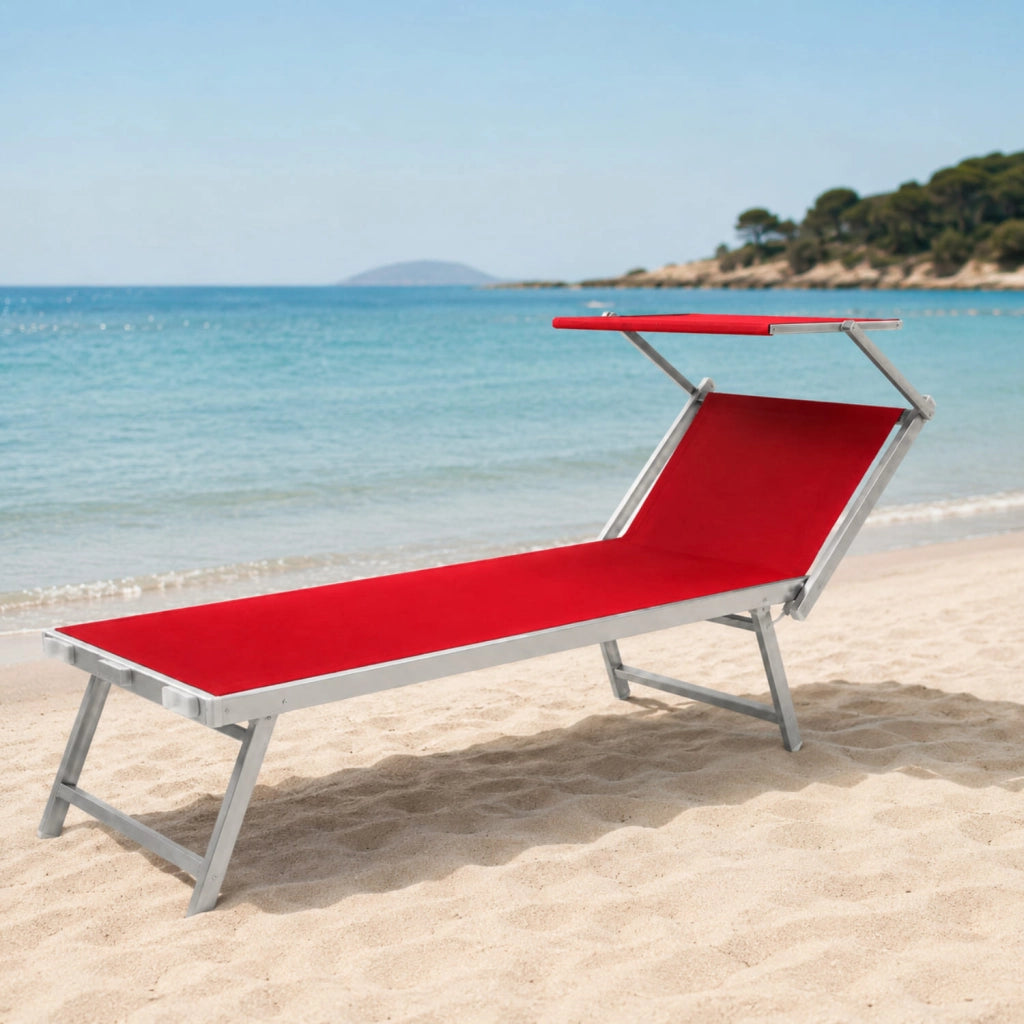 Lettino Prendisole Pieghevole Professionale In Alluminio E Tessuto Textilene Tettuccio Orientabile Tettino Parasole Sdraio Prendi Sole Mare Spiaggia Piscina Giardino 182 x 60 x 38 cm Rosso