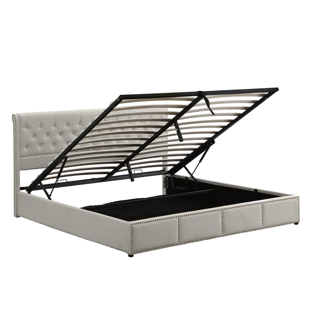Letto matrimoniale 160x200 cm in lino grigio con contenitore; rete inclusa; senza materasso