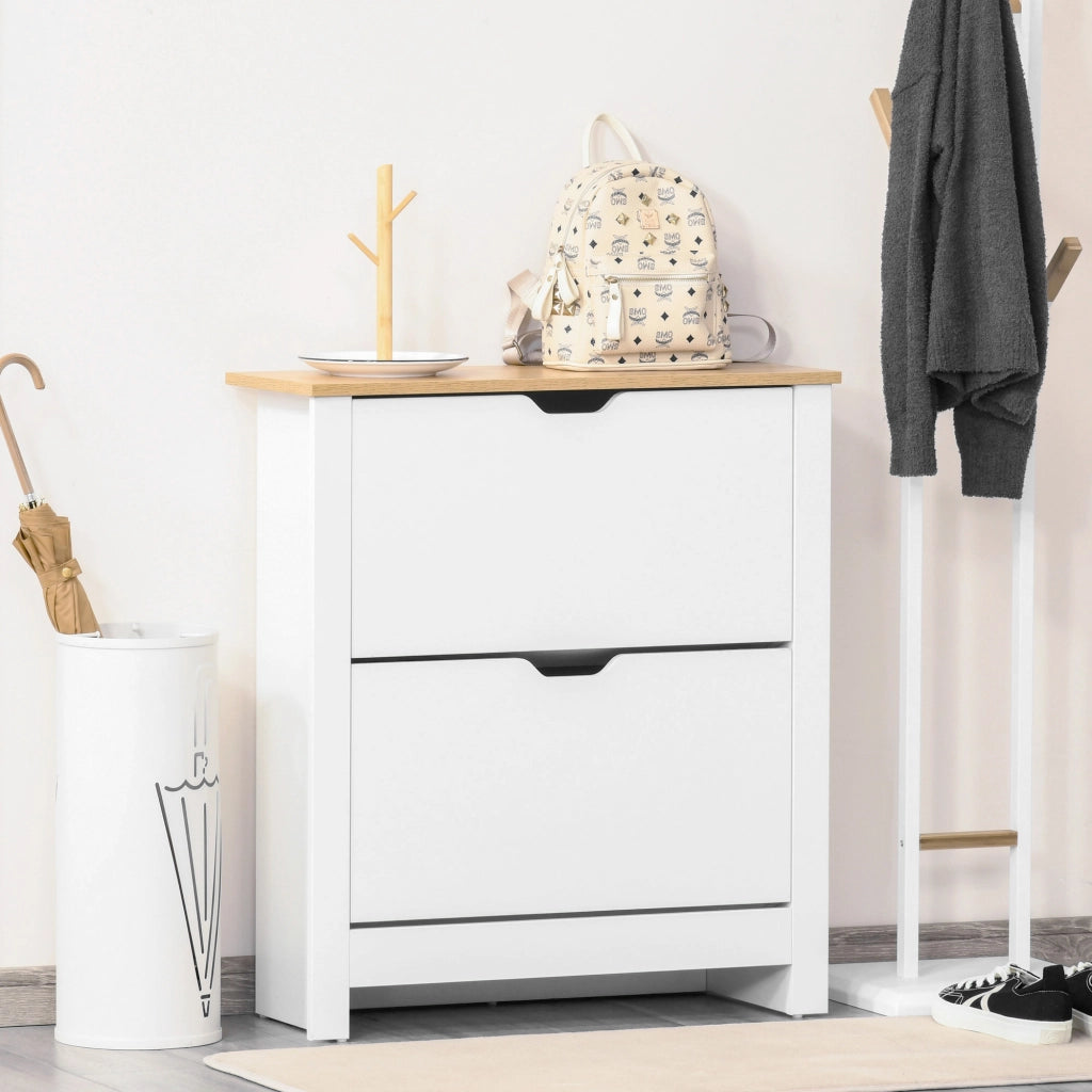 Scarpiera con 2 cassetti estraibili e 4 ripiani, piano d'appoggio, per ingresso, in compensato, bianco, 72 × 26 × 80 cm
