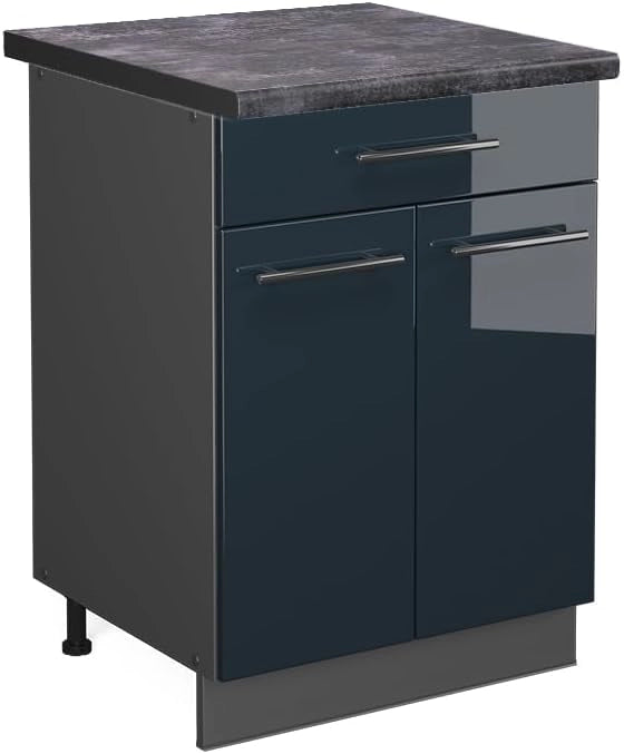 Mobile lavello cucina Fame-Line, Blu scuro lucido, 80 cm, PL Rovere, per la combinazione con altri moduli della serie Fame-Line