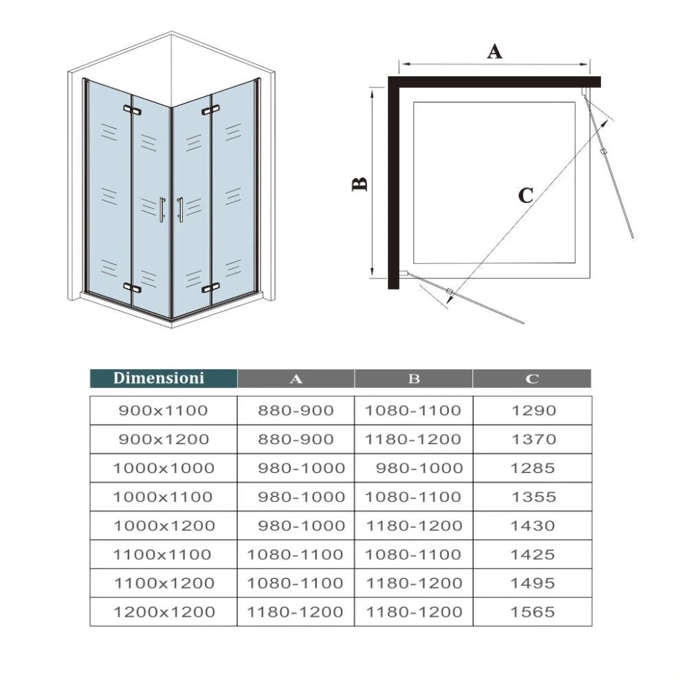 190 cm Box Doccia Angolare Doppia Porta Battente Pieghevole 100x100 cm in Vetro Temperato Trasparente 5 mm Anticalcare Telaio Nero Opaco
