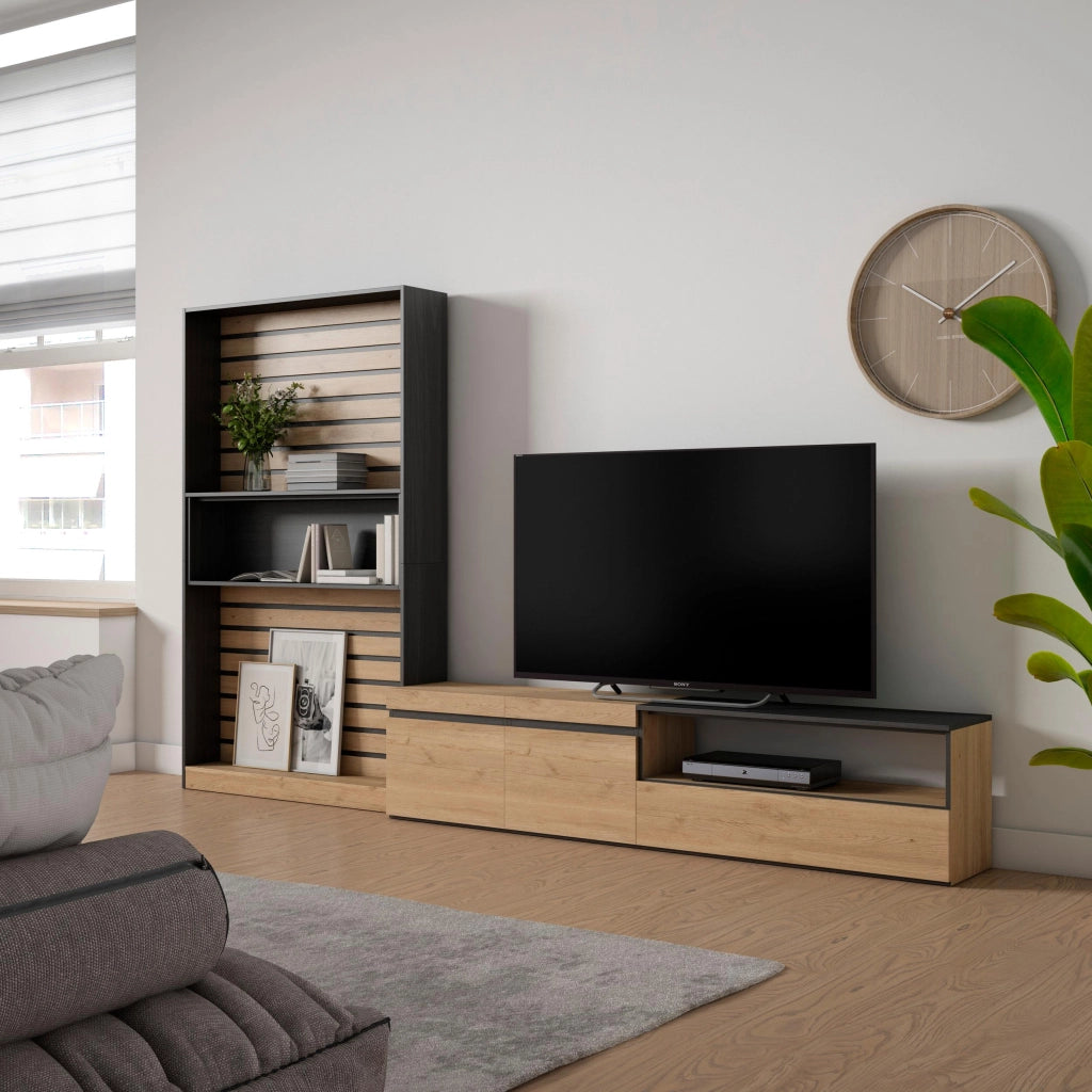 Mobile TV, Soggiorno, 310x35x186cm, Per TV fino a 80", Set di mobili, colore Rovere e nero RF2855