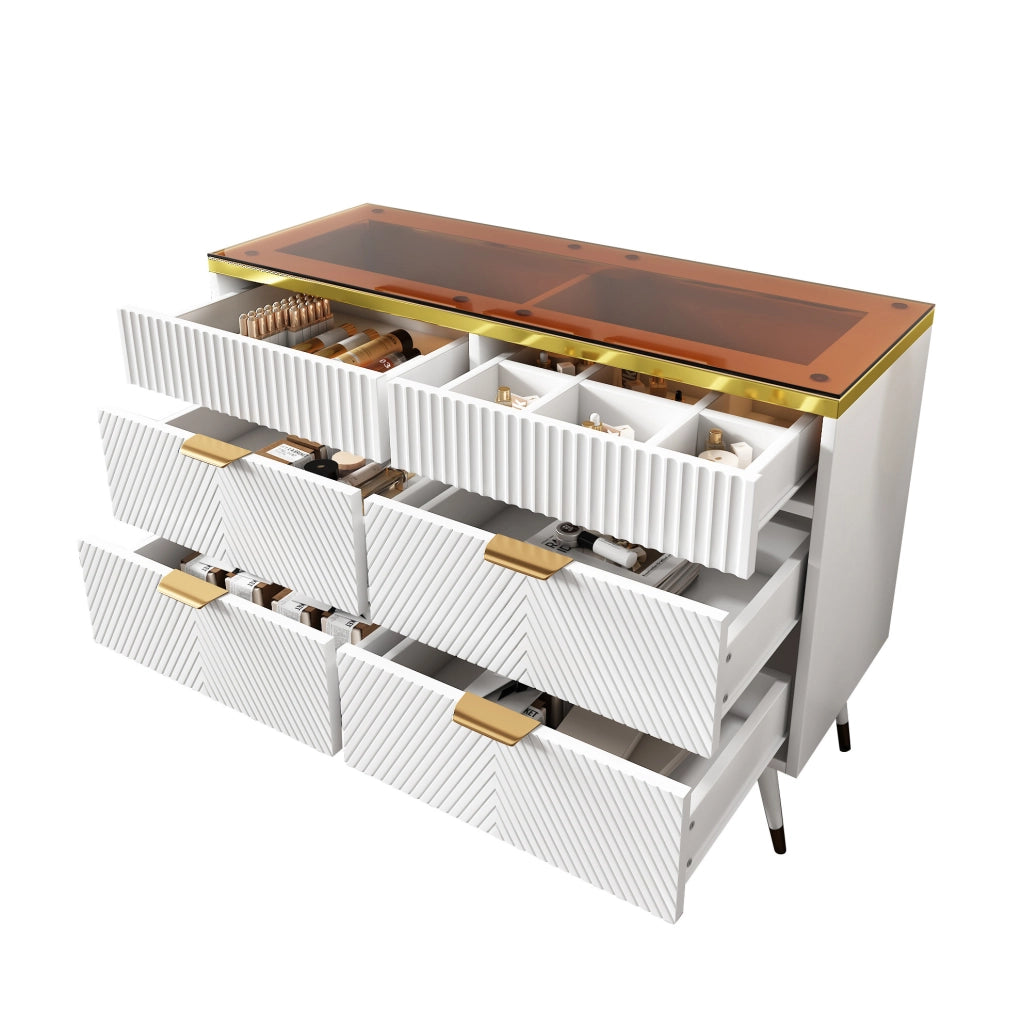 Cassettiera 120x40x76 cm con 6 cassetti; vetro marrone e bianco