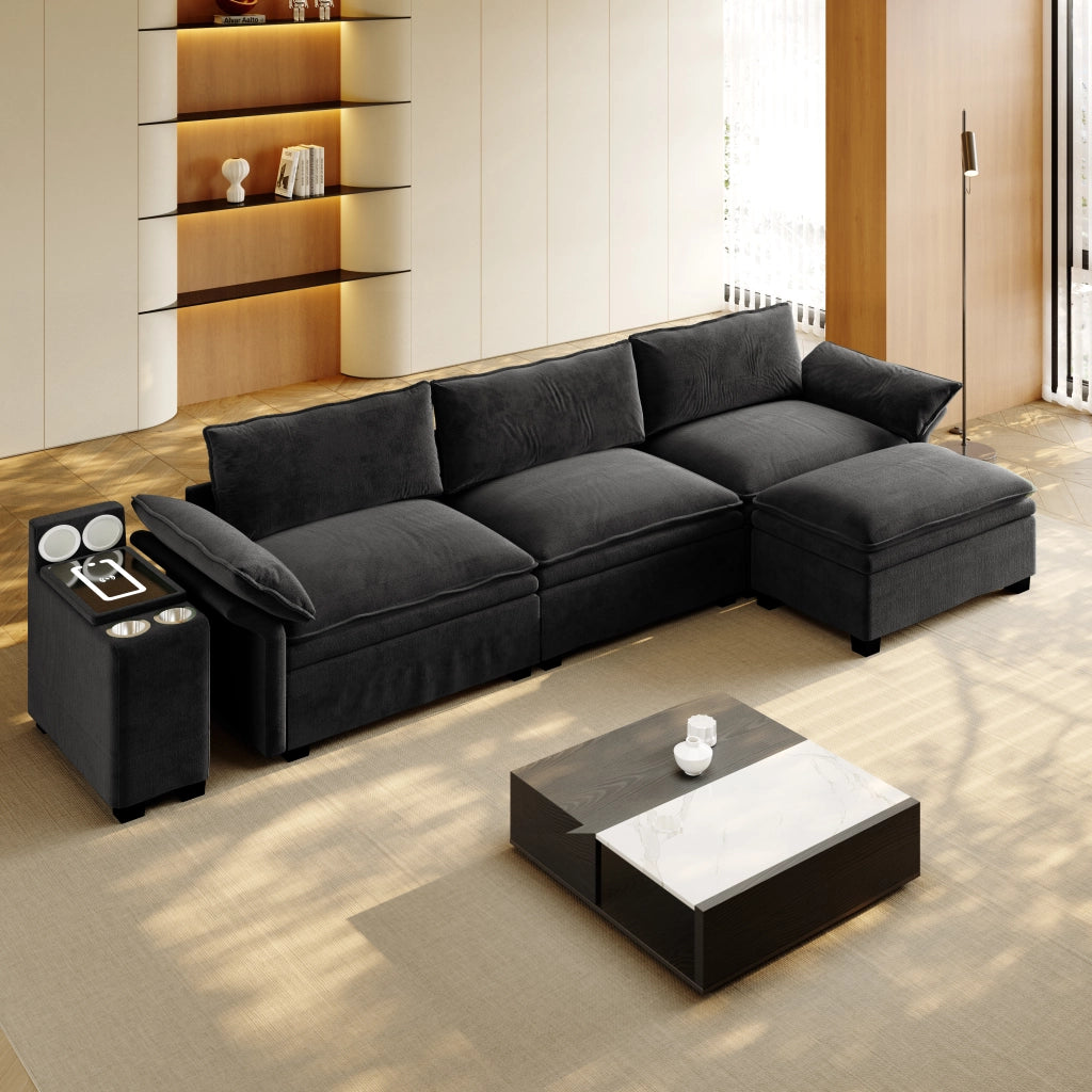 Divano modulare a L 4 posti in chenille con pouf mobile ricarica wireless altoparlanti luci e 2 portabicchieri nero
