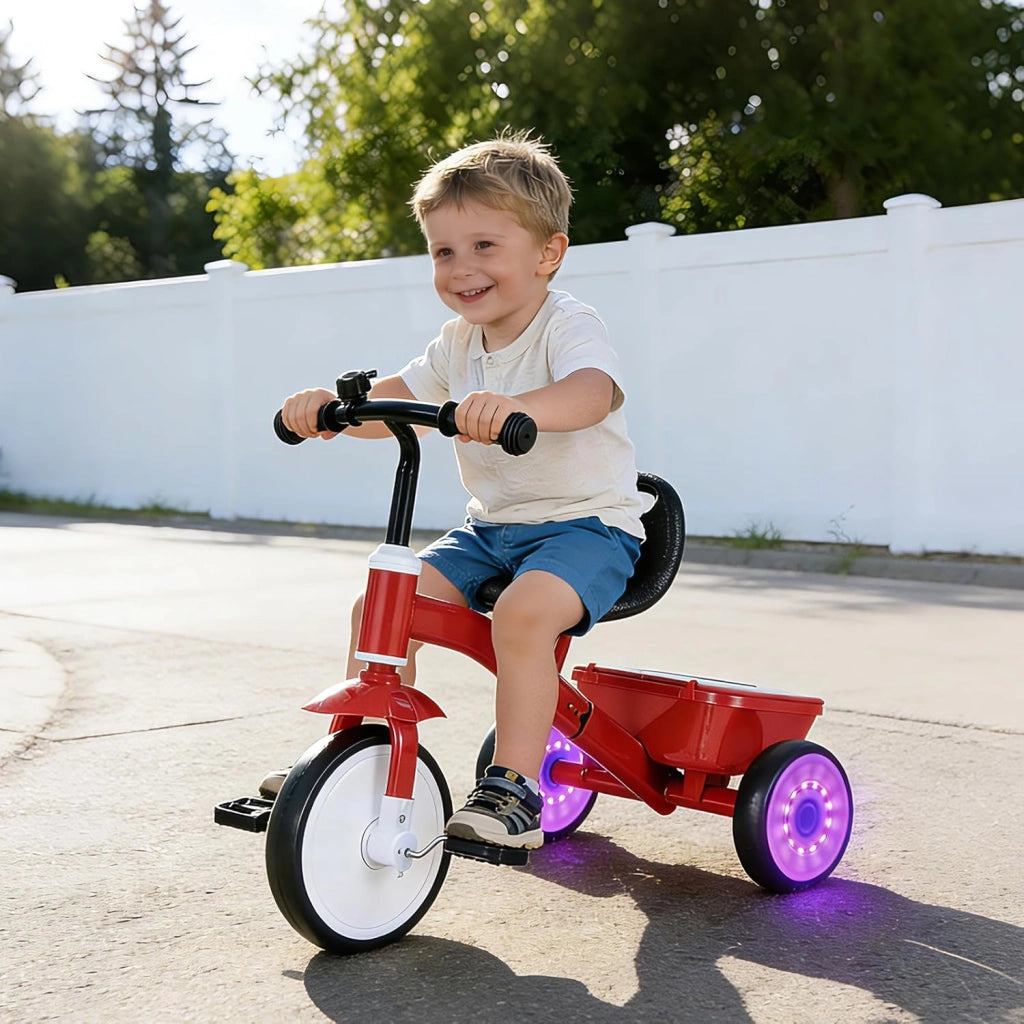 Triciclo Bambini 3-5 Anni, Triciclo Evolutivo con Ruote Luminose, Sedile Regolabile in 4 Posizioni, Pedali Rimovibili, Vano Portaoggetti Posteriore, Carico 25 KG, Regalo Bambino 3-5 Anni
