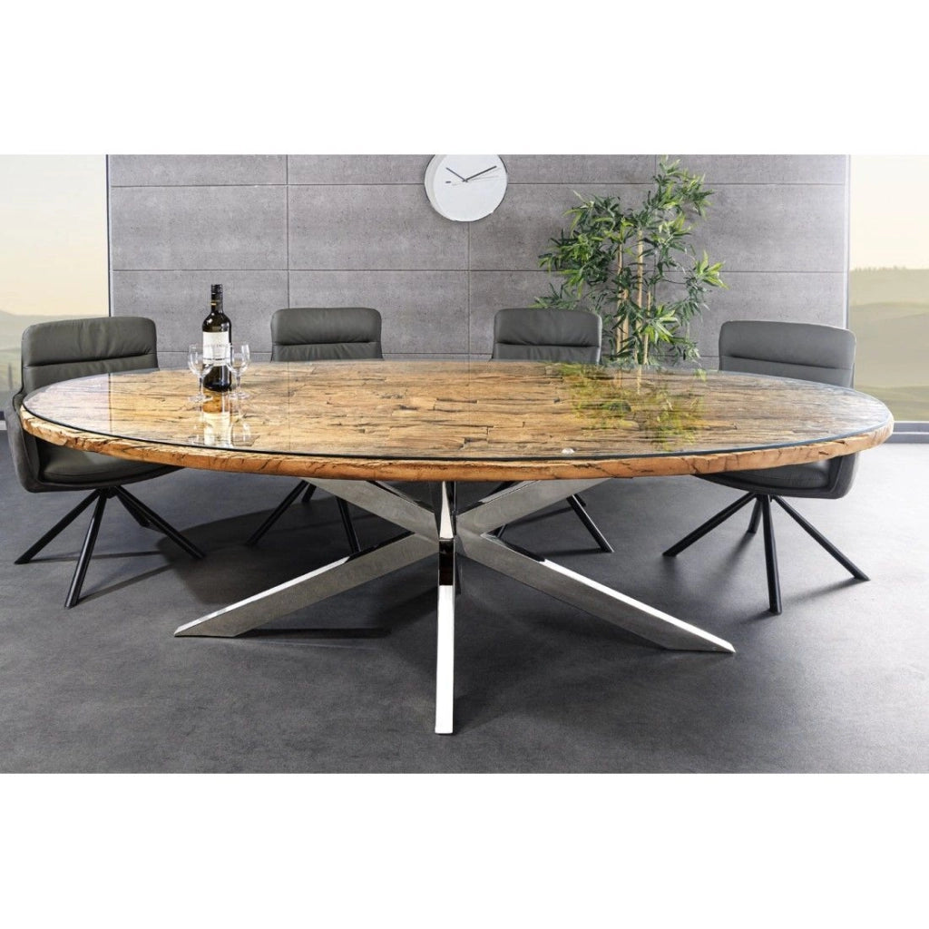 Table RAFTA 220 cm – Piano in teak massiccio, vetro temperato e struttura in acciaio cromato