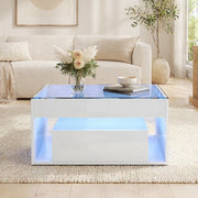 Tavolino da caff¨¨ 70 x 70 x 35 cm in MDF bianco con piano in vetro temperato, 2 cassetti, LED e portata 60 kg