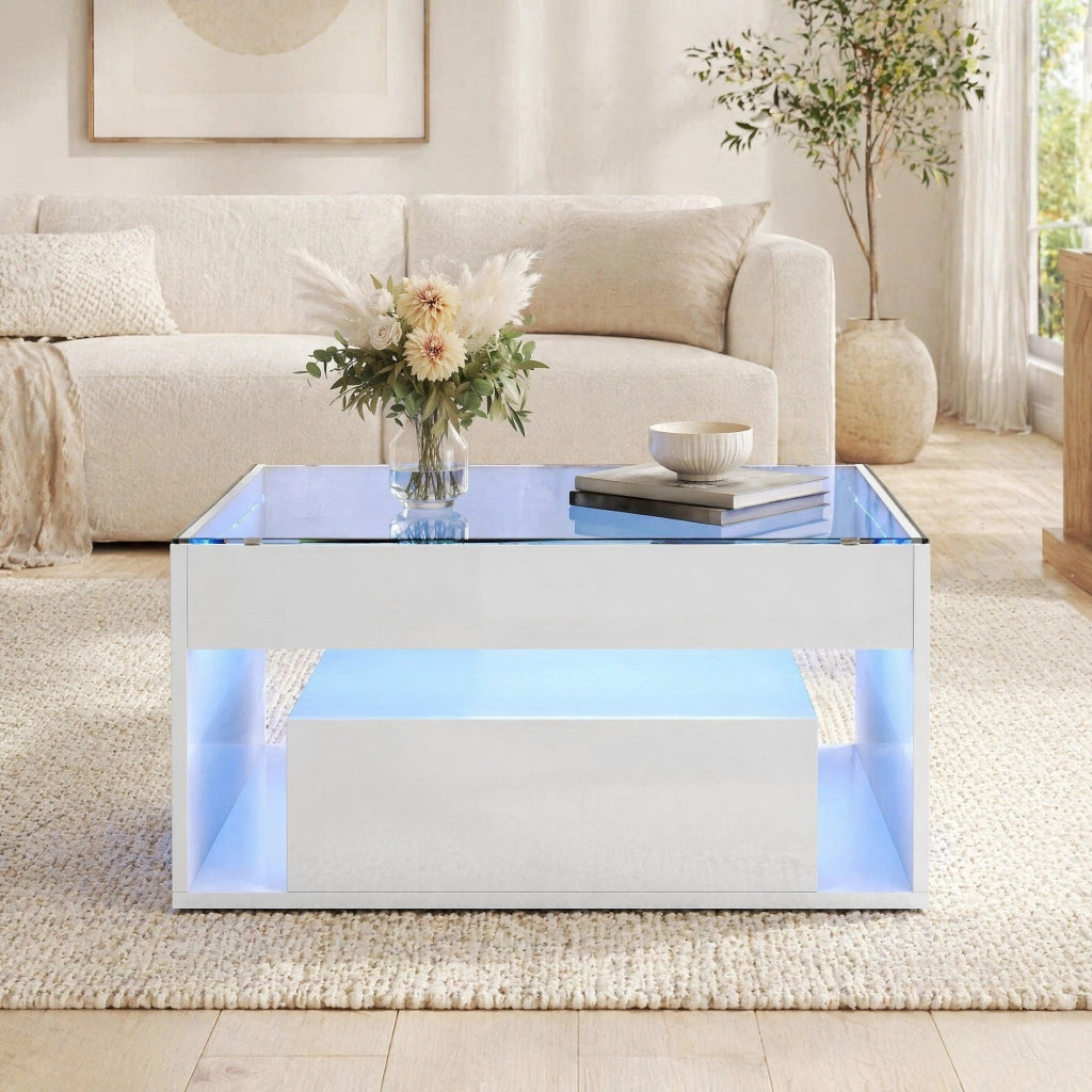 Tavolino da caff¨¨ 70 x 70 x 35 cm in MDF bianco con piano in vetro temperato, 2 cassetti, LED e portata 60 kg