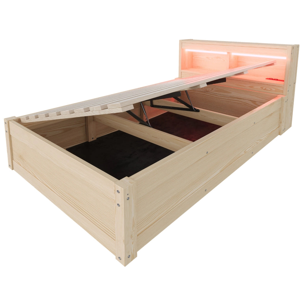 Letto 90x200 cm con contenitore idraulico; presa integrata e LED
