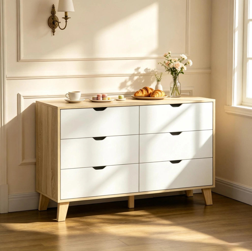 Comò contenitore bianco e rovere 120x40x76 cm con 6 cassetti e gambe in legno