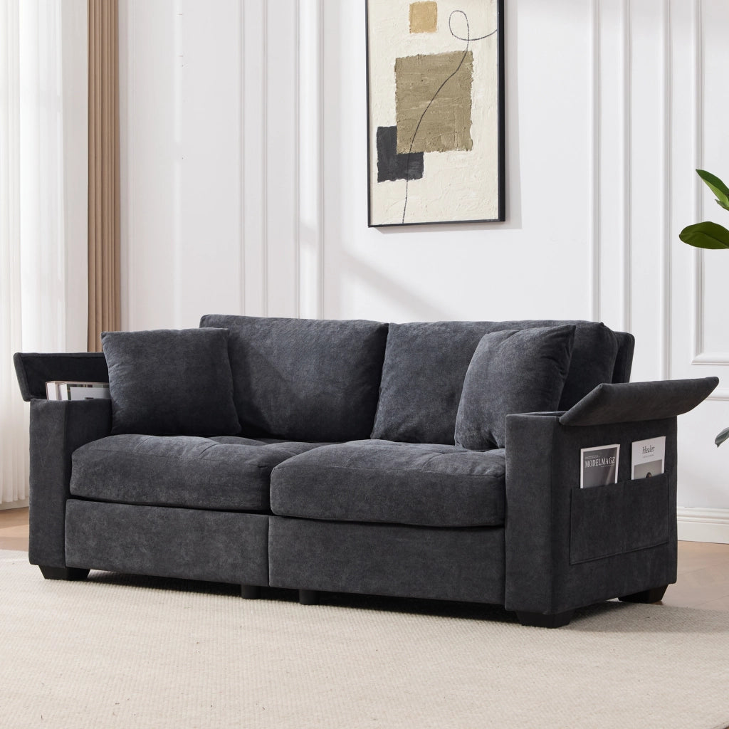 Divano a 2 posti con vano contenitore nei braccioli in chenille grigio scuro e cuscini per piccoli spazi