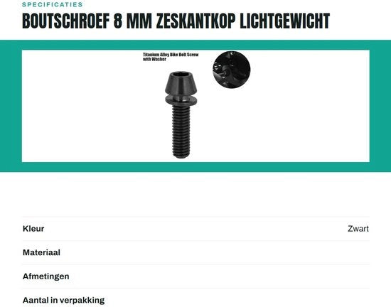 Viti a boccola a 8 mm M5 x 18 - M5 x 20 - Lega di titanio - Capocorda a 6 facce - Resistente alla corrosione - Leggero, duraturo - Viti per bicicletta