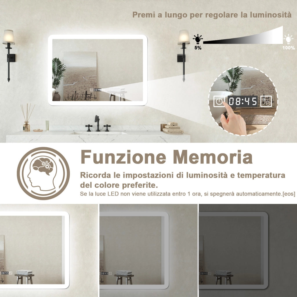 Specchio bagno Rettangolare 80x60cm Led Con 3 Luci + Orologio + Antiappannamento