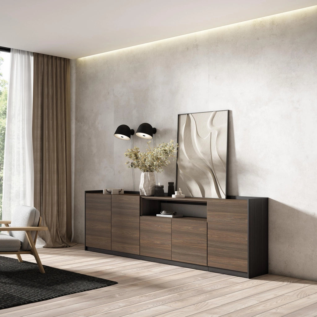 Credenza, Mobile, Cucina, 260x80x37 cm, 5 Porte, grande stoccaggio, Rovere scuro e Nero