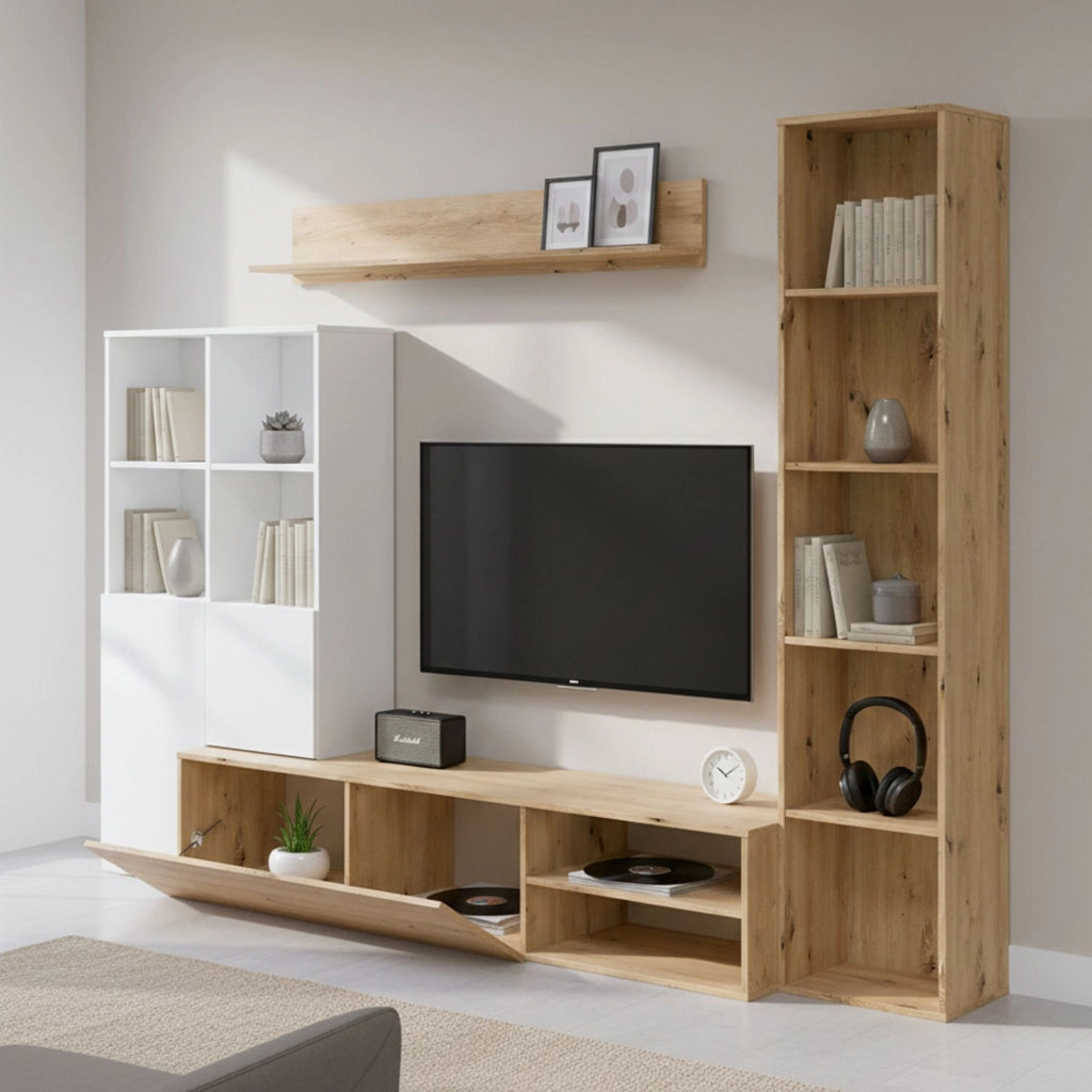 Parete attrezzata Argus, Set da soggiorno con ante e ripiani, Mobile salotto multiuso, 241x28h180 cm, Bianco e Rovere Nodi