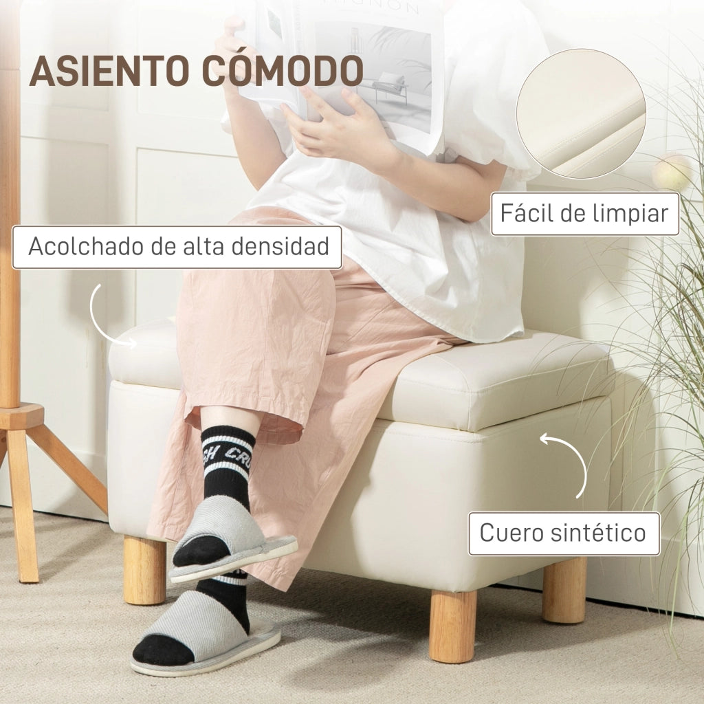 Panca contenitore imbottita ¨C Xylo ¨C PU crema con gambe in legno 60x38x40 cm