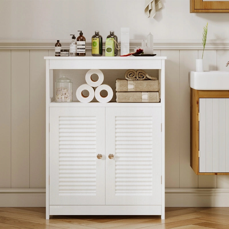 Mobiletto da bagno autoportante con ripiano e ante, stile loft scandinavo, bianco