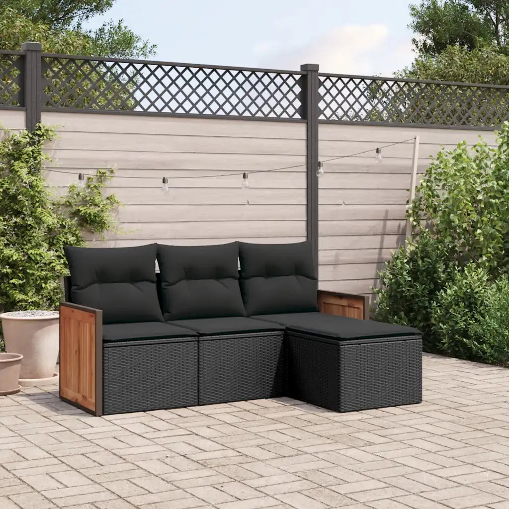 Set Divani da Giardino 4 pz | Set Salotto da Giardino con Cuscini Nero in Polyrattan